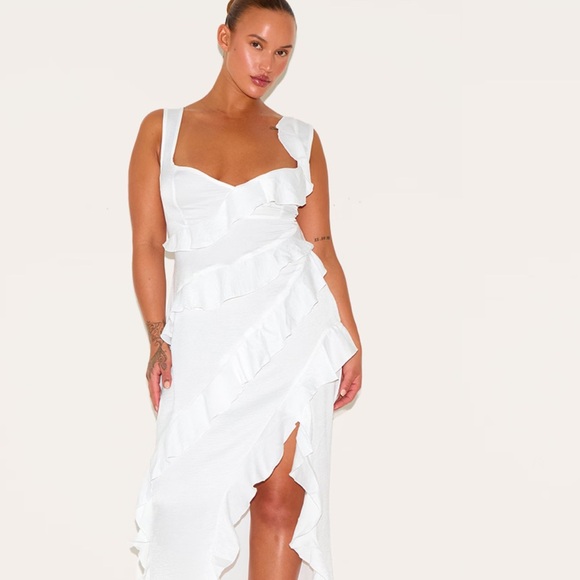 Plus White Satin Frill Layered Maxi Dress - Picture 1 of 11